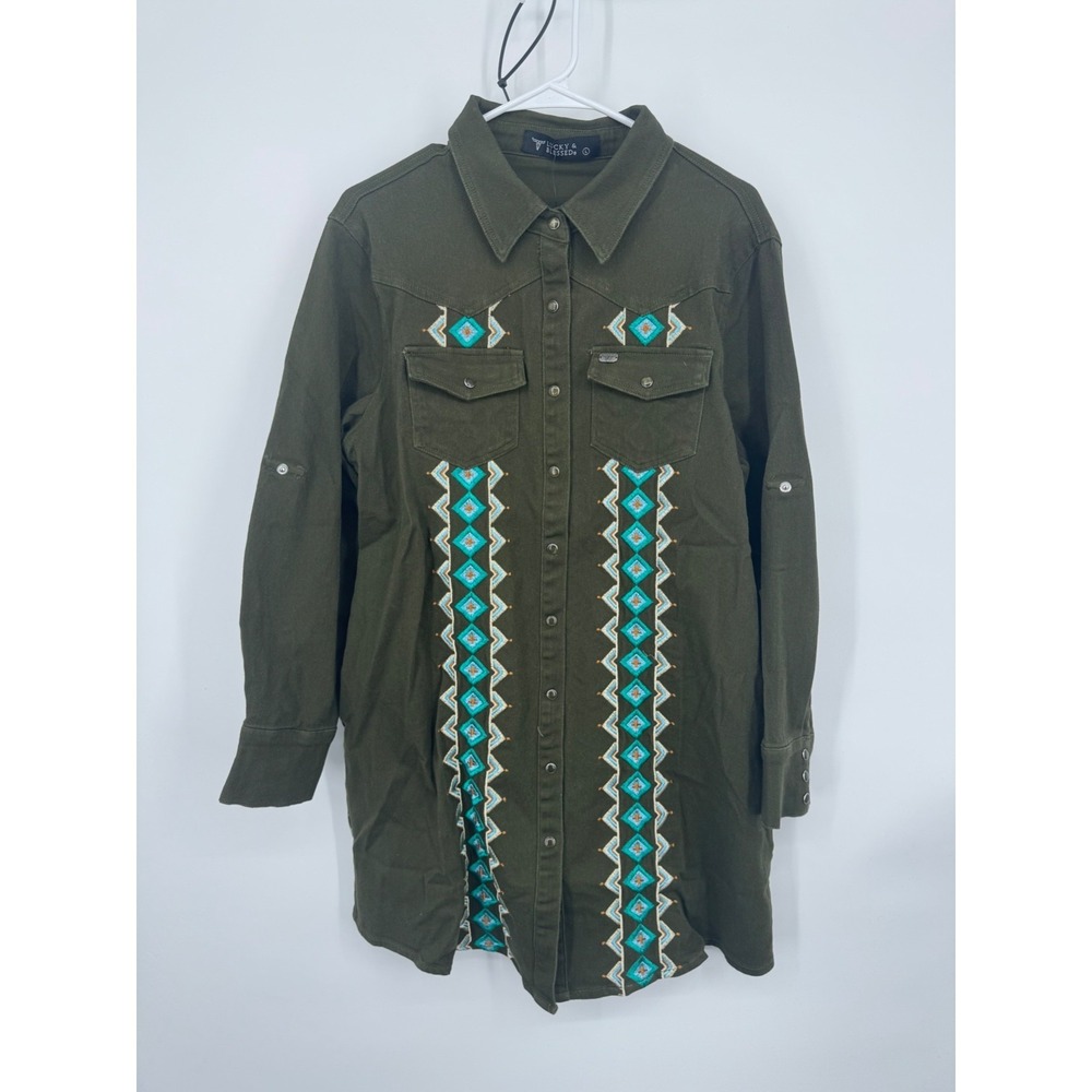 NWT Lucky & Blessed Shirt Dress Womens Large Olive Green Denim Button Embroidery